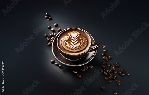 A cup of coffee with a flower design on the top, sitting on a saucer, surrounded by scattered coffee beans on a dark background. photo