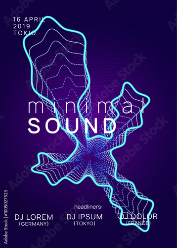 Techno Banner. Violet Party Magazine. Dance Concert Template. Trance Invite. Fest Set. Psychedelic Radio Illustration. Green Sound Background. Blue Techno Banner