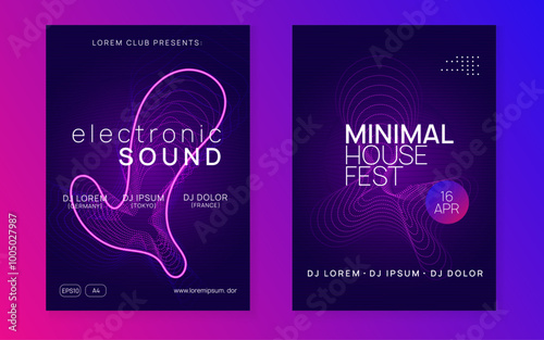 Techno Magazine. Pink Sound Event. Party Concert Template. Electro Cover. Violet Discotheque Design. Electronic Disco Invitation. Music Background. Green Techno Magazine