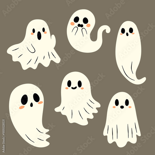 Zestaw uroczych duszków. Straszne i zabawne sylwetki duchów. Tradycyjne dekoracje na Halloween. Ilustracja wektorowa.