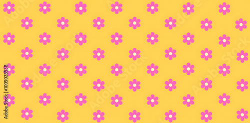 Seamless small pink floral pattern with dark yellow background