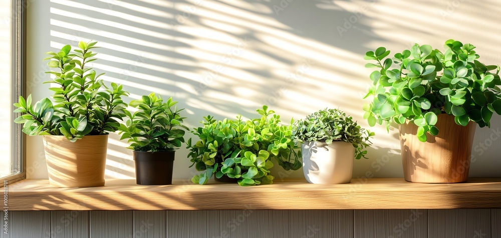 Assorted potted plants on a wooden shelf with natural sunlight. Assorted potted plants on a wooden shelf with natural sunlight.