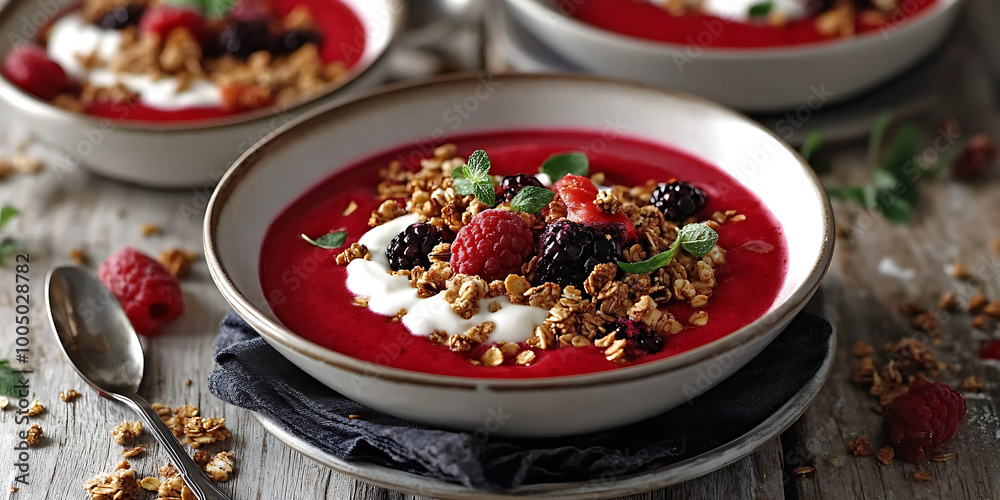 Berry Bliss Smoothie Bowl: Indulge in a vibrant and healthy breakfast with this delicious smoothie bowl, topped with fresh raspberries, blackberries, granola, and a dollop of creamy yogurt. Berry Bliss Smoothie Bowl: Indulge in a vibrant and healthy breakfast with this delicious smoothie bowl, topped with fresh raspberries, blackberries, granola, and a dollop of creamy yogurt.