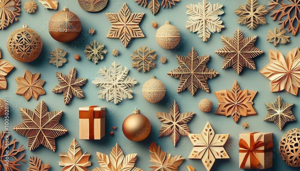 Christmas pattern from decorative wooden snowflakes, gift box