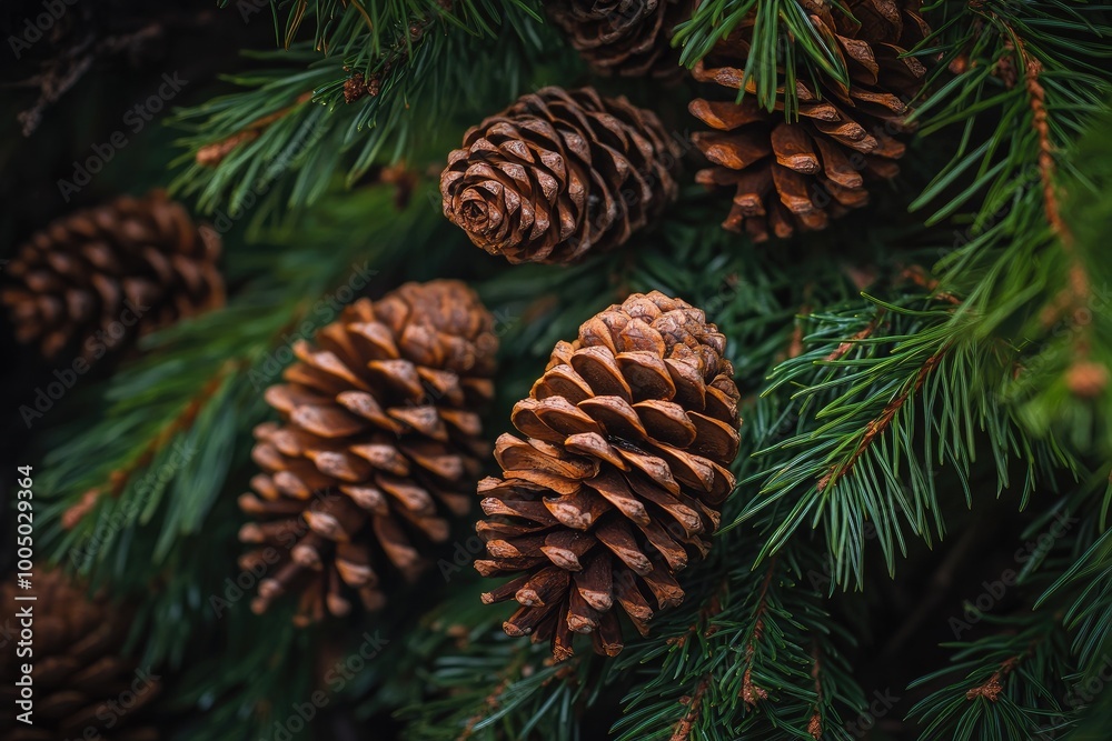 Close-up of Pine Cones and Green Branches on a Pine Tree Close-up of Pine Cones and Green Branches on a Pine Tree