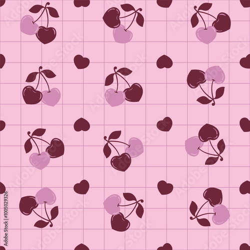pattern of lovely cherries with hearts on a square and pink background, printable texture