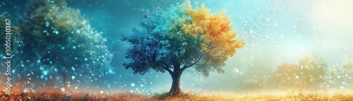 AI tree with holographic leaves, growing in a lush forest, naturetechnology fusion, watercolor style photo