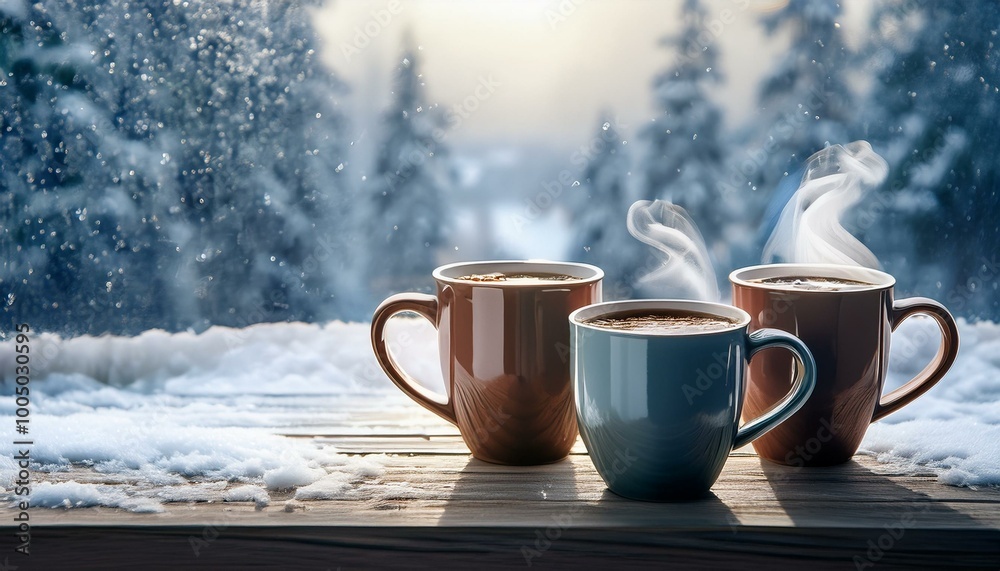 Hot Drinks With a snowy window backdrop. Hot Drinks With a snowy window backdrop.