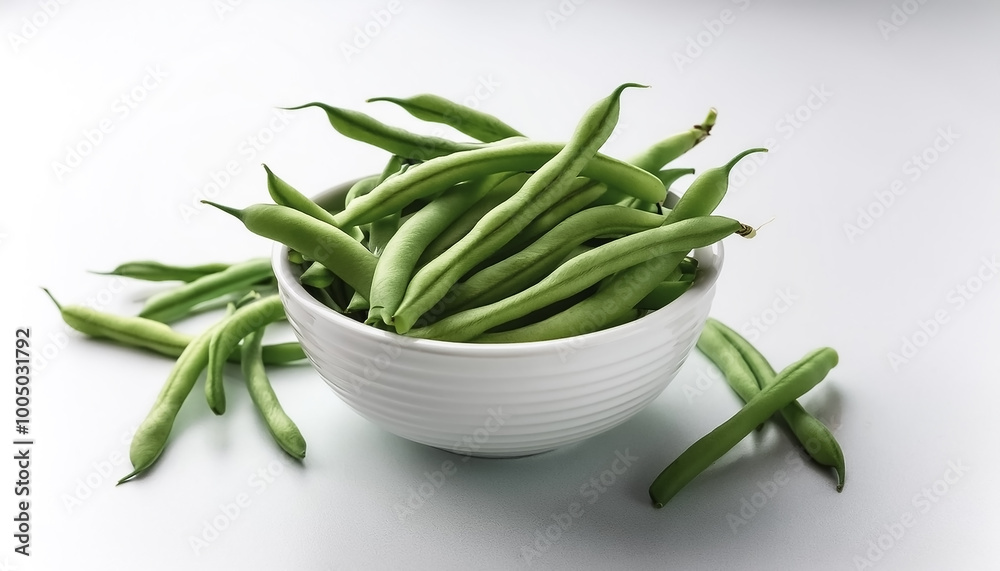 Fresh green beans in a small bowl, on a clean white background Fresh green beans in a small bowl, on a clean white background