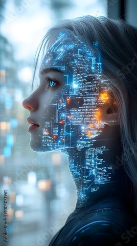 A young woman with blonde hair stares out a window, her face overlaid with glowing blue and orange digital code.