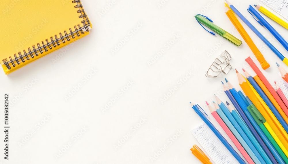 Colorful pencils and notebook on a white isolated background. Colorful pencils and notebook on a white isolated background.