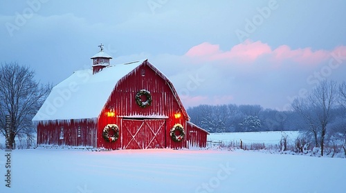 A red barn with a wreath on the door and a cross on top