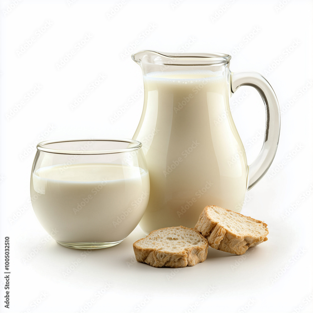 Glass and jug filled with milk accompanied by fresh sma Glass and jug filled with milk accompanied by fresh sma