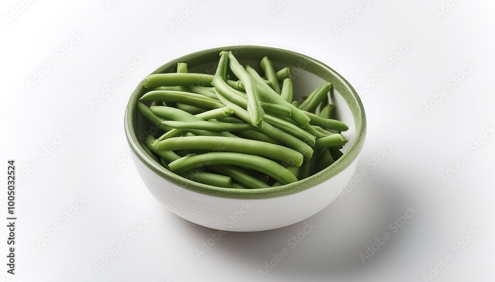 Fresh green beans in a small bowl, on a clean white background Fresh green beans in a small bowl, on a clean white background