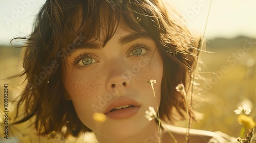 Close-up Portrait of a Woman with Freckles in a Field of Daisies