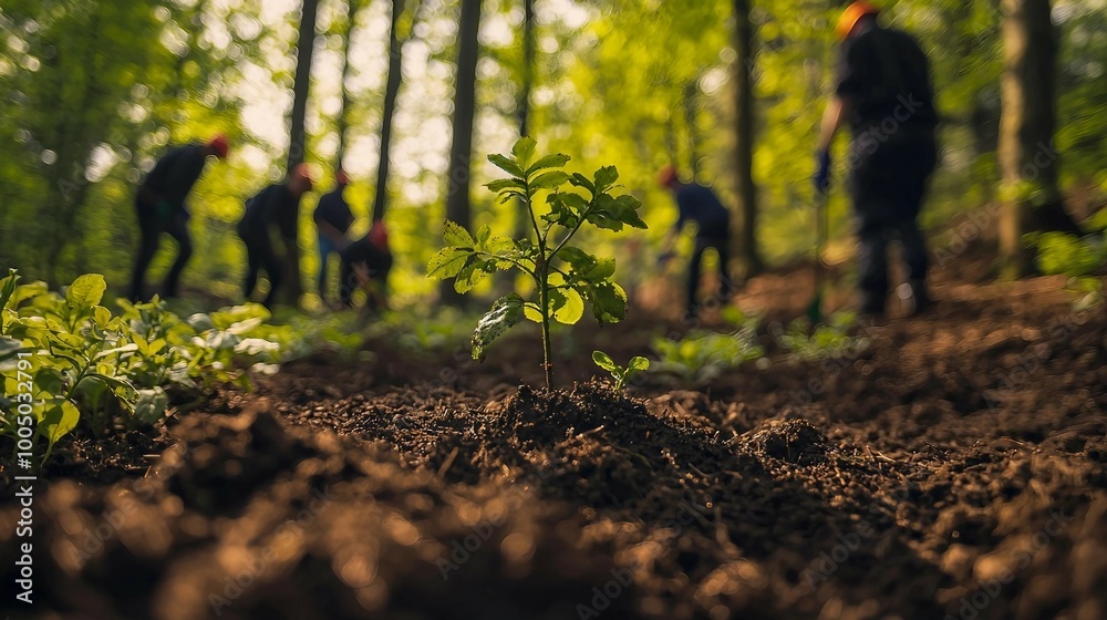 © siriwan - A group of people are working in a forest clearing, digging a hole © siriwan - A group of people are working in a forest clearing, digging a hole