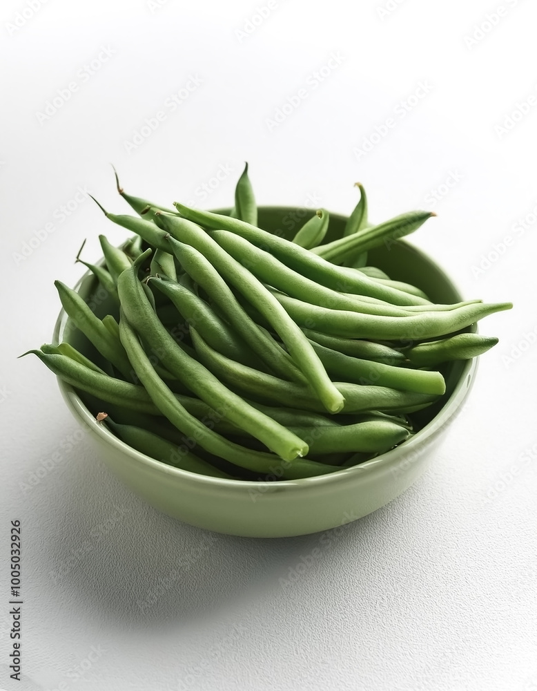 Fresh green beans in a small bowl, on a clean white background Fresh green beans in a small bowl, on a clean white background
