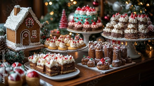 A table full of Christmas desserts including gingerbread houses, cakes