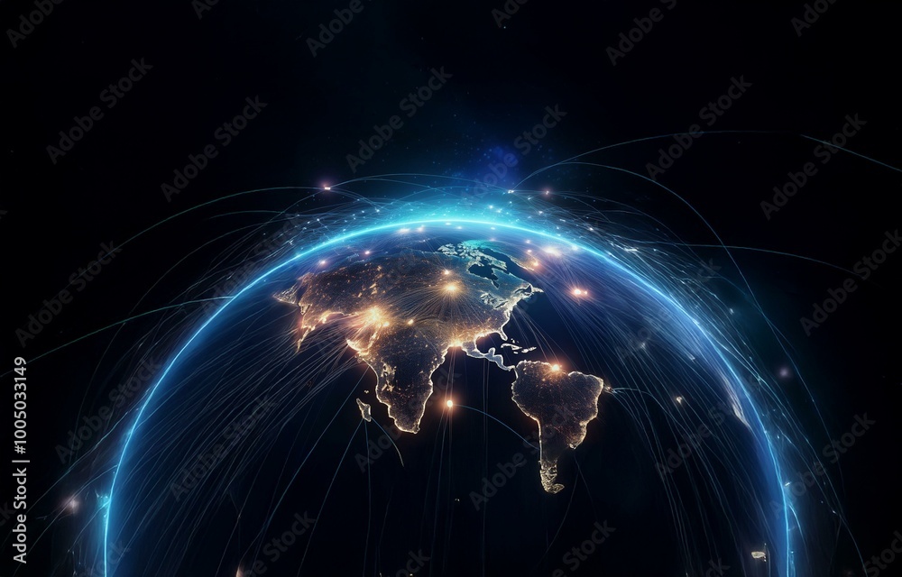Obraz premium A glowing blue ring encircles a darkened earth, with interconnected lines of light extending from its surface.