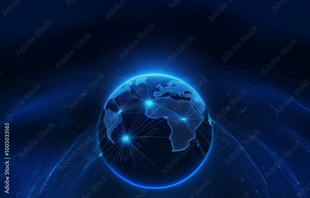 Obraz premium A glowing blue digital globe with connecting lines on a dark blue background.