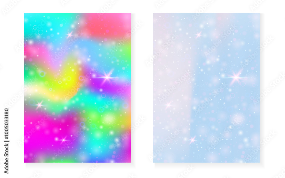 Magic background with princess rainbow gradient. Kawaii unicorn hologram. Holographic fairy set. Stylish fantasy cover. Magic background with sparkles and stars for cute girl party invitation. Magic background with princess rainbow gradient. Kawaii unicorn hologram. Holographic fairy set. Stylish fantasy cover. Magic background with sparkles and stars for cute girl party invitation.