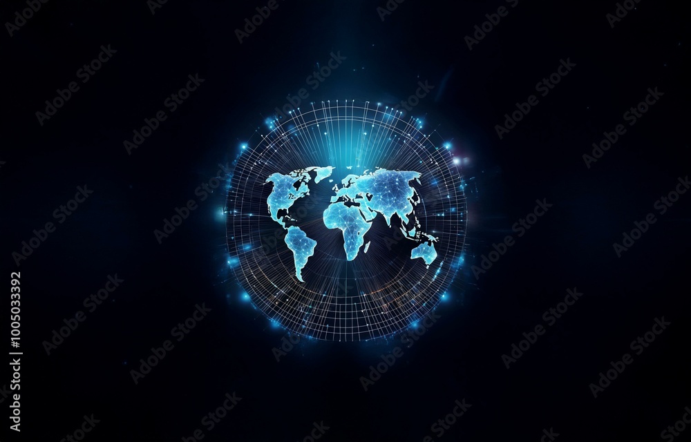 A glowing blue globe of the world with intersecting lines and connected dots on a dark blue background. A glowing blue globe of the world with intersecting lines and connected dots on a dark blue background.