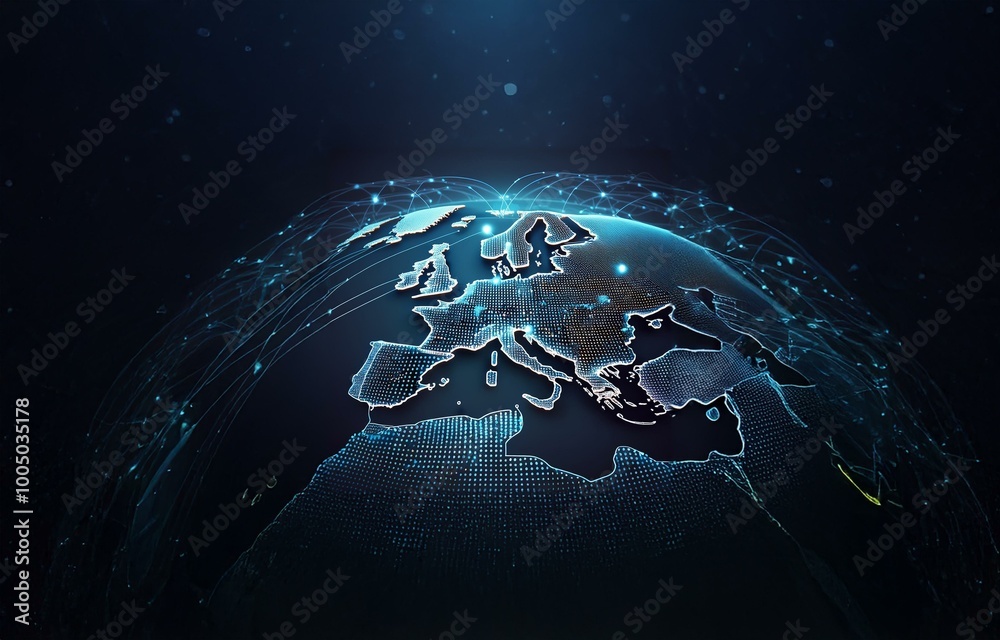 A dark blue globe with a glowing blue and yellow network of lines emanating from it. A dark blue globe with a glowing blue and yellow network of lines emanating from it.