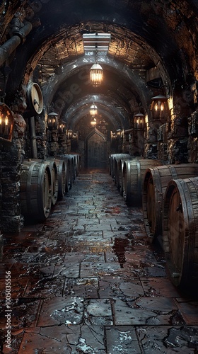 Stone Archway and Wine Barrels in a Medieval Cellar
