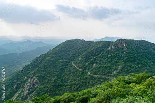 Winding road is crossing the aravalli mountains range covered by a lush green forest in india