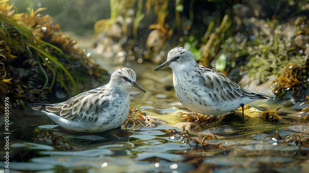 Two Sandpipers Resting on a Rocky Shore Two Sandpipers Resting on a Rocky Shore