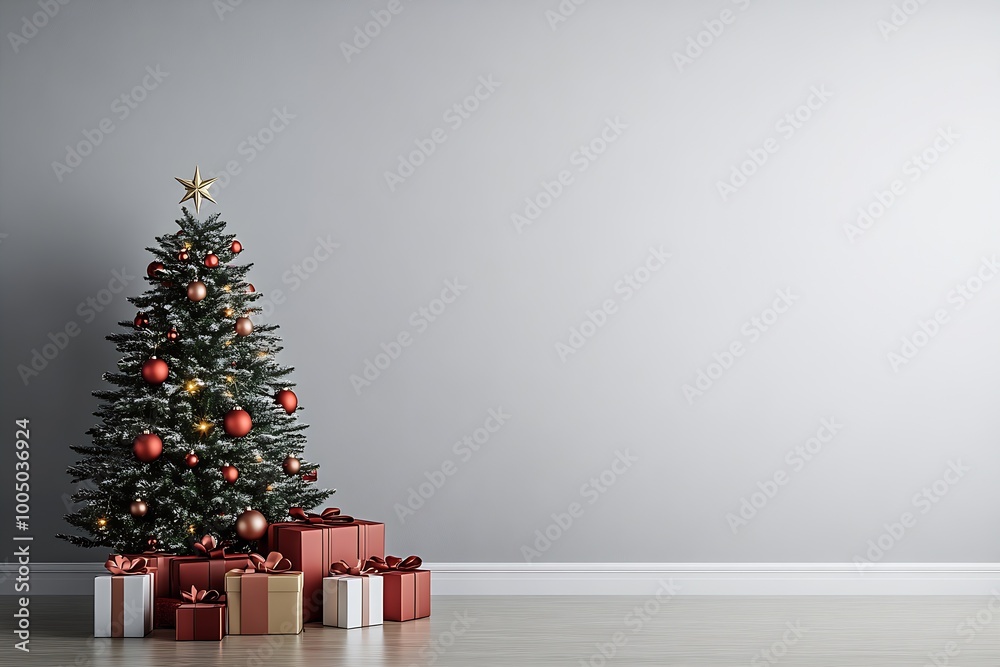 Christmas tree with gifts on the floor. : Generative AI Christmas tree with gifts on the floor. : Generative AI
