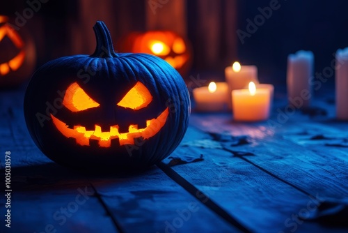 Jack O 'Lantern with glowing eyes on a wooden table with candles around it on a spooky Halloween night under the light of a full moon - generative ai photo