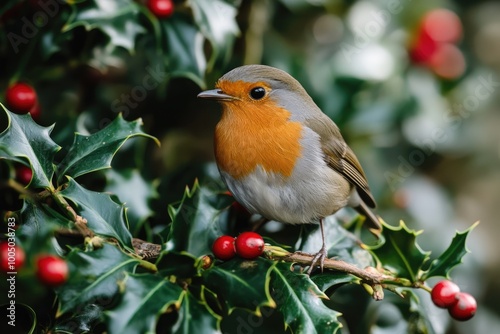 European Robin Perched on Holly Branch with Red Berries