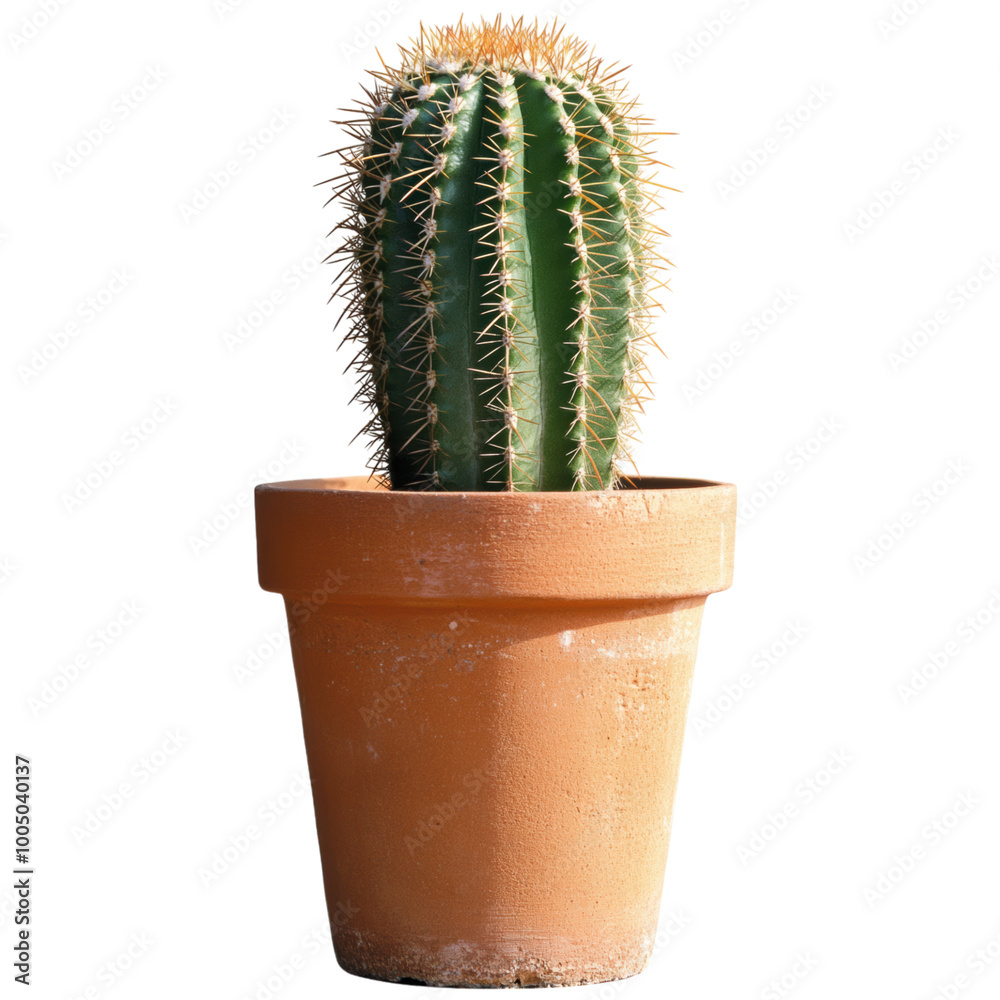 Cactus: A tall, spiky cactus in a terracotta pot. single, png, transparent background.