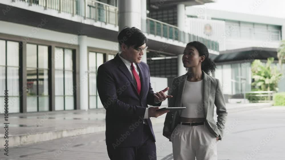 business people walking and discussing projects on a tablet in the office business people walking and discussing projects on a tablet in the office