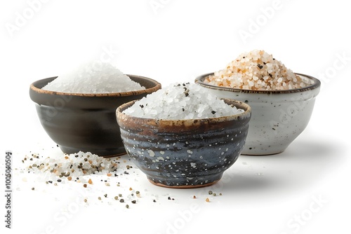 Bowls of salt isolated on white background photo
