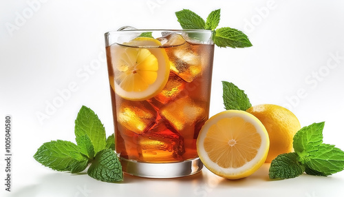 Glass of iced tea with lemon slices and mint leaves, on a white background