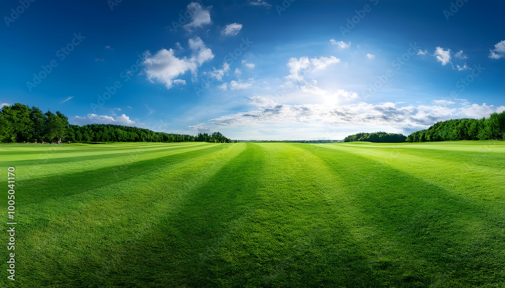 Beautiful natural scenic panorama green field of cut grass into and blue sky with clouds on horizon. Perfect green lawn on summer sunny day. Beautiful natural scenic panorama green field of cut grass into and blue sky with clouds on horizon. Perfect green lawn on summer sunny day.