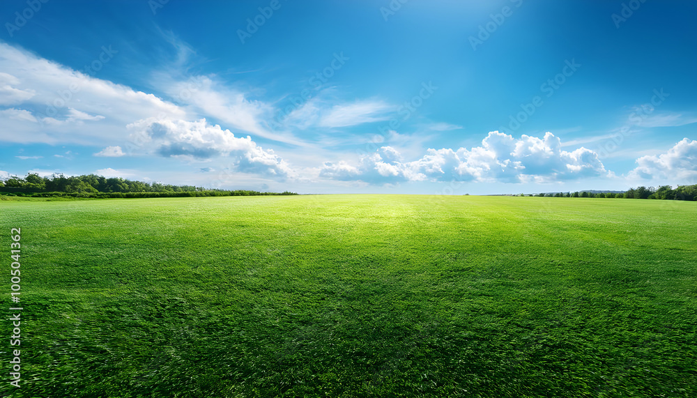A beautiful panoramic view of a green field with freshly cut grass stretching into the horizon, under a clear blue sky dotted with soft clouds, creating the perfect summer day scene. A beautiful panoramic view of a green field with freshly cut grass stretching into the horizon, under a clear blue sky dotted with soft clouds, creating the perfect summer day scene.