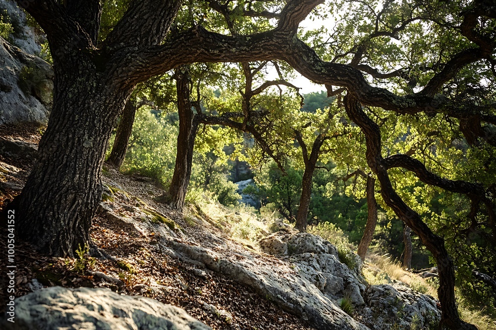 Sunlight through Oak Trees in Forest Sunlight through Oak Trees in Forest