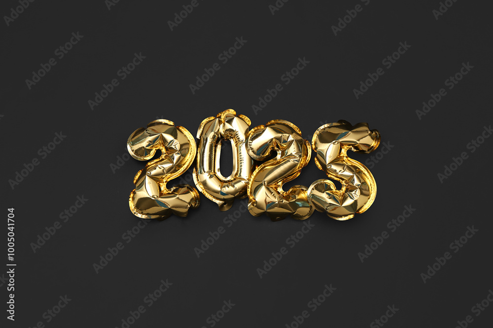 Fototapeta premium Golden foil balloons number 2024 on black background. New year concept.