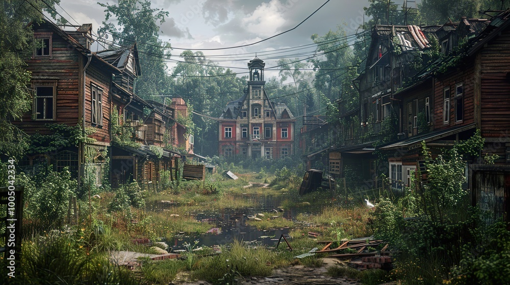 Naklejka premium Forgotten Town: Overgrown Houses and Decaying Streets