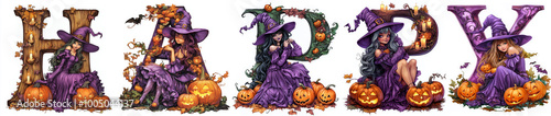 Halloween text letters banner made with spooky witches. Panorama Halloween title isolated on a white background with carved pumpkins and candles. Holliday banner with spooky decorations 