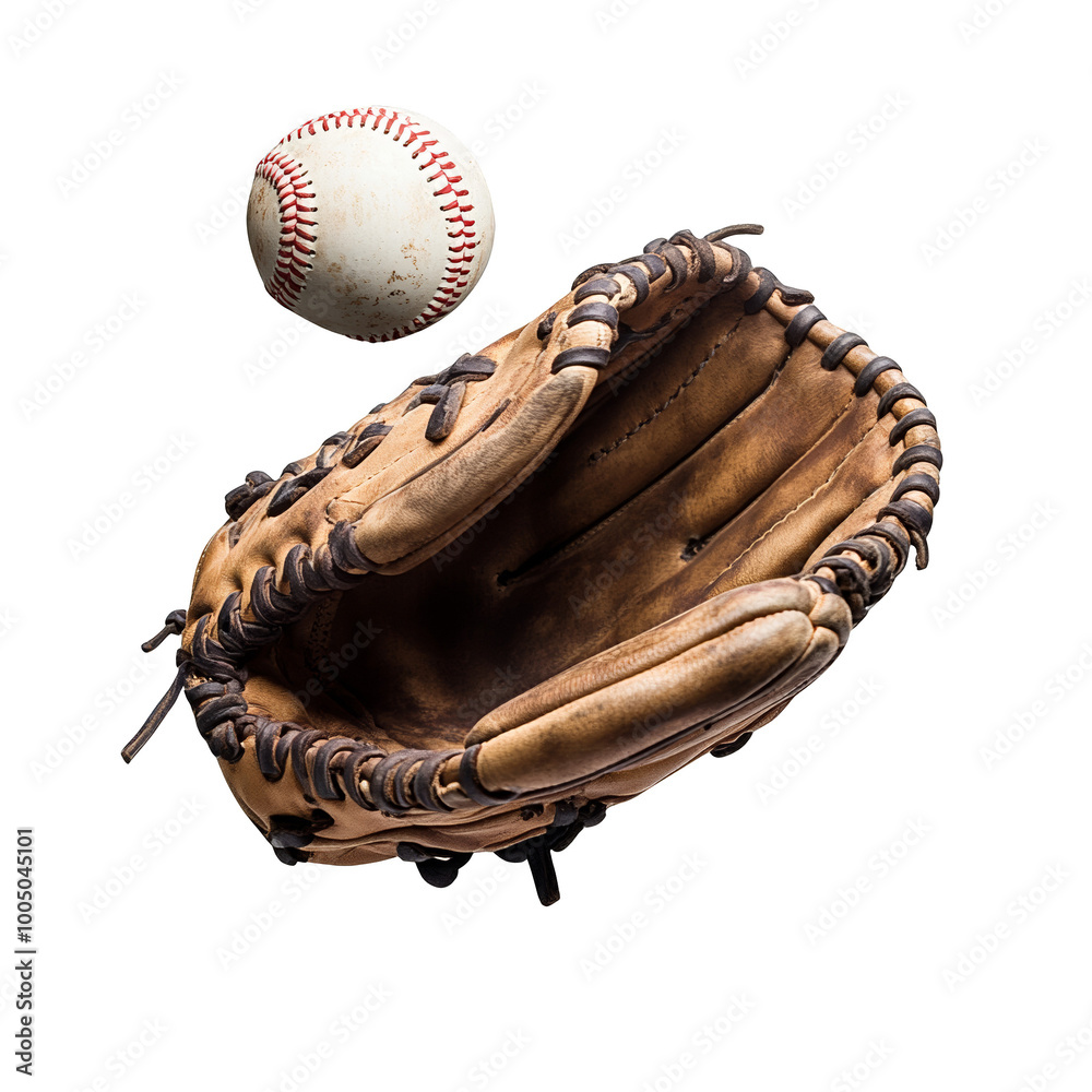 Baseball glove with a ball, white isolated background.