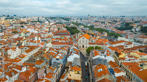 Aerial view of narrow streets of Lisbon in Portugal