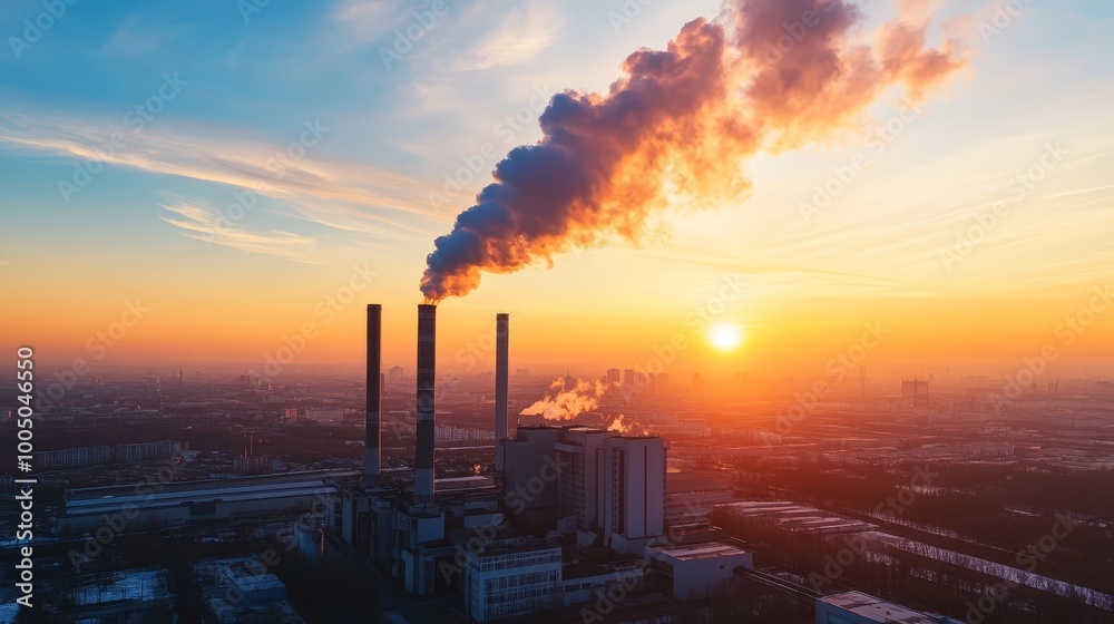 Smoke signals, industrial factory emits plumes, raising questions about environmental impact and economic progress