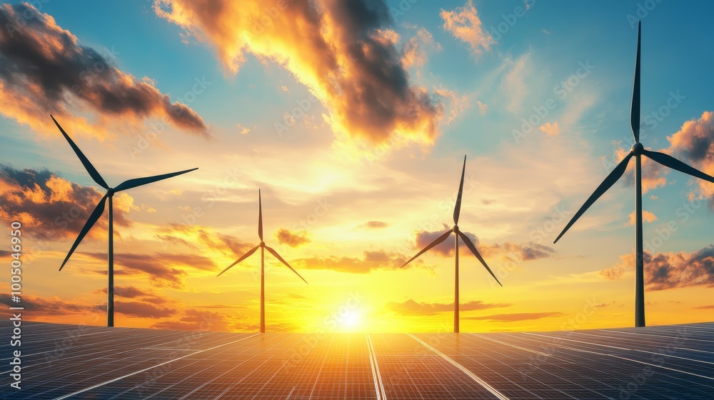 Harnessing nature's power, solar and wind energy converge under a majestic sunset Harnessing nature's power, solar and wind energy converge under a majestic sunset