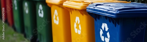 A row of colorful trash bins, promoting recycling and waste separation photo