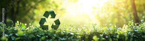 Green recycling symbol nestled in grass, a powerful reminder of environmental responsibility