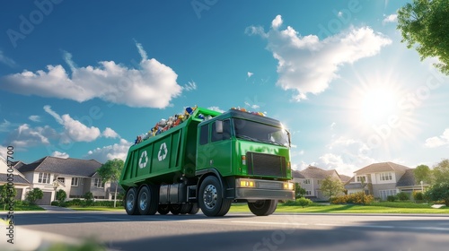 Bright green garbage truck, a symbol of efficient waste management in action photo